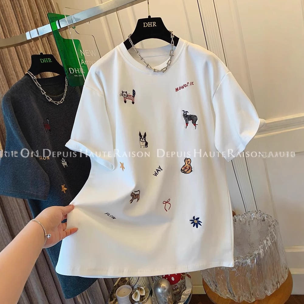 여성 자수 반팔티 루즈핏 면티 데일리 여름 티셔츠 빅사이즈 - 이미지 2