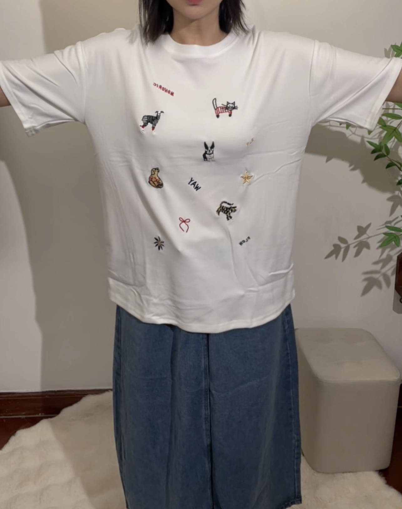 여성 자수 반팔티 루즈핏 면티 데일리 여름 티셔츠 빅사이즈 - 이미지 6