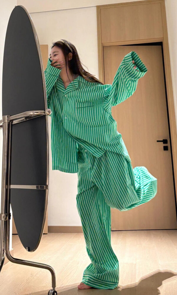 여성 가벼운 봄 잠옷 파자마 스트라이프 긴팔 세트 홈웨어